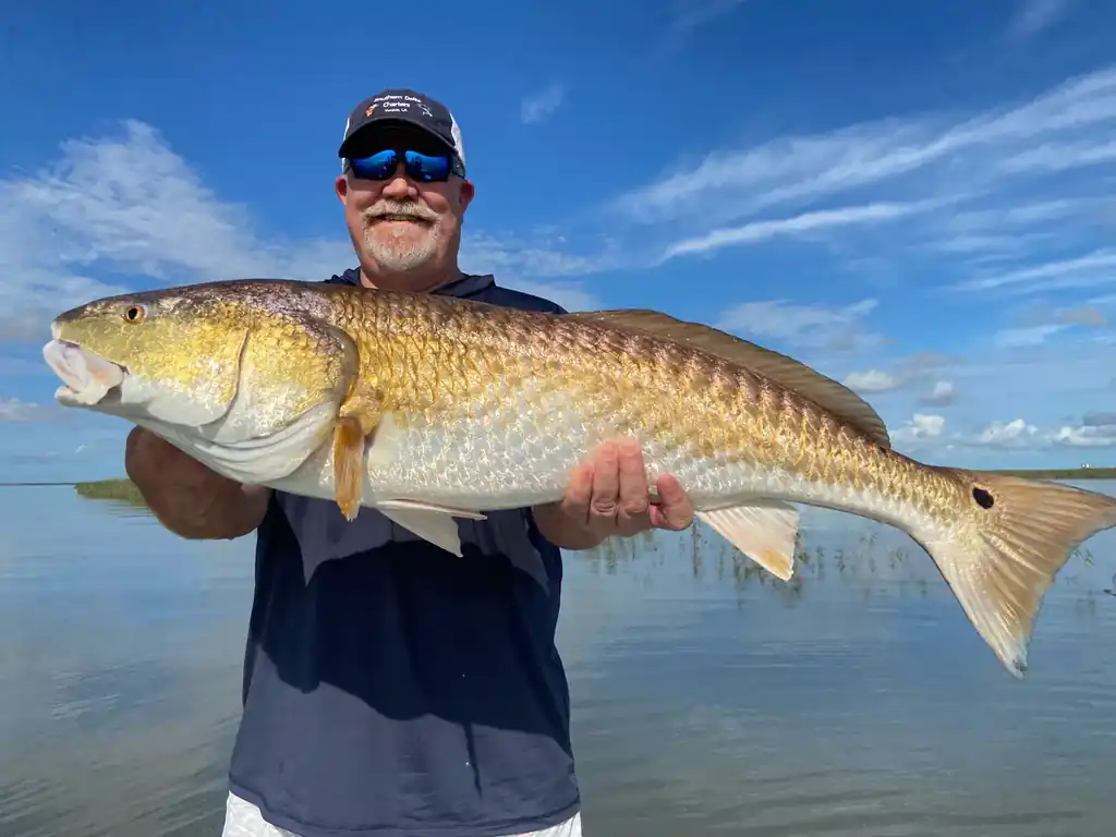Angler in a Southern Delta Charters cap holding a bull redfish over calm water under a blue sky near Venice, Louisiana