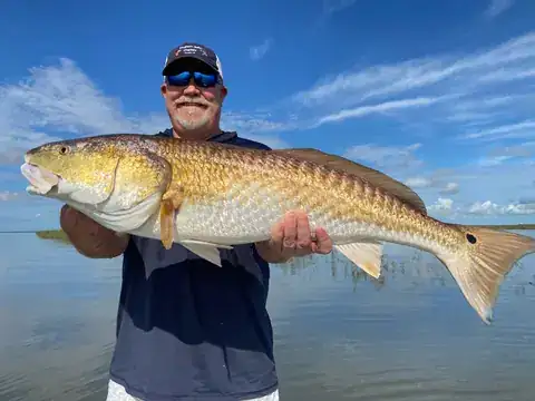 Angler in a Southern Delta Charters cap holding a bull redfish over calm water under a blue sky near Venice, Louisiana