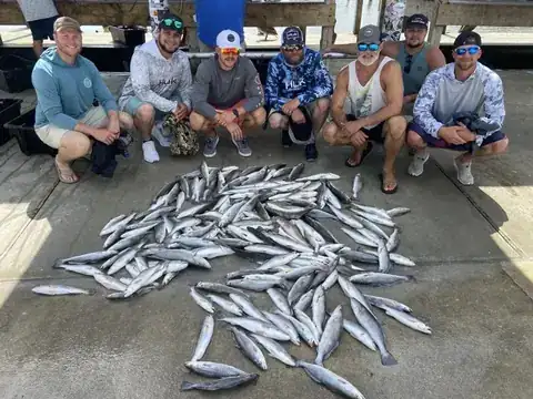 A group of anglers kneeling behind a large catch of speckled trout in Venice, Louisiana