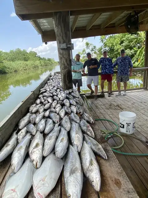 Four anglers at the end of a long row of fish on the cleaning dock in Venice, Louisiana