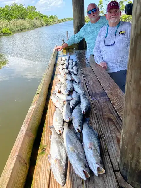 Two anglers beside a row of speckled trout on the cleaning dock in Venice, Louisiana