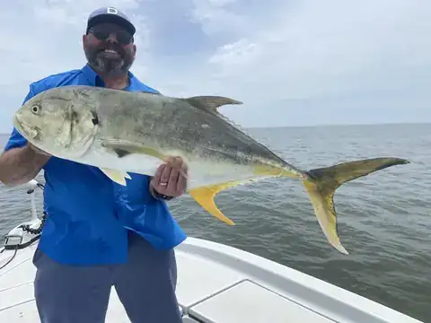 Angler in a blue shirt holding a jack crevalle near Venice, Louisiana