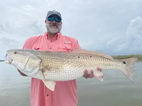 Angler in a pink shirt holding a redfish on an overcast day near Venice, Louisiana