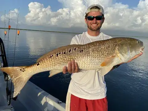 Angler in a white shirt holding a redfish with a line of spots along its side near Venice, Louisiana